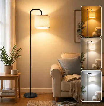 Luminária De Chão E27 60w Sem Lâmpada, Luminária De Cabeceira Moderna Com Cúpula De Linho, Luz Suave Para Sala, Quarto E Escritório, Abajur De Piso Com Interruptor De Pedal, Tieesa Preto Branco