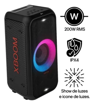 Caixa De Som Bluetooth LG Xboom 200w Rms, 12 Horas De Bateria, Ipx4, Iluminação De Festa E Visor De Pixel Led - Xl5t Preto 127/220v