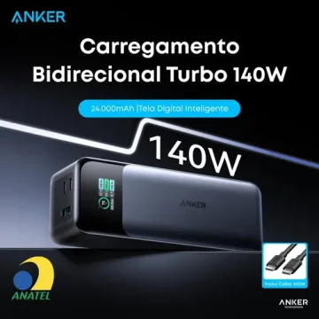 Power Bank Anker 737 com 24000mAh, 3 Portas USB, 140W e Display Digital
