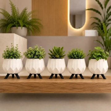 Kit Cachepots Decorativos Geométricos Com Pés Vasos Modernos Minimalistas Para Plantas Sala Rack Escritório Marx Greg 3d Cor Branco