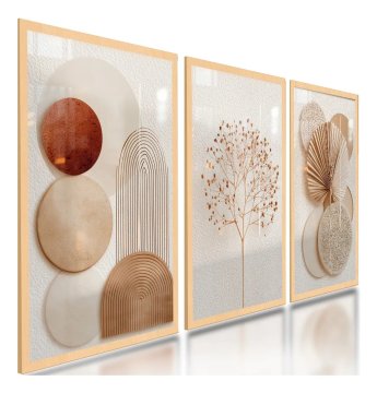 Quadros Decorativos Abstratos Geométricos Boho Neutro 122x60 Cor Carvalho Armação Infinita