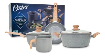 Jogo de Panelas 4 Peças Marble Edition Oster - Revestimento Antiaderente de Cerâmica com Acabamento Marmorizado Dark Grey, Compatível com Indução