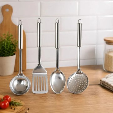 Kit 4 Utensílios Inox Cozinha Concha Colher Espumadeira Prateado