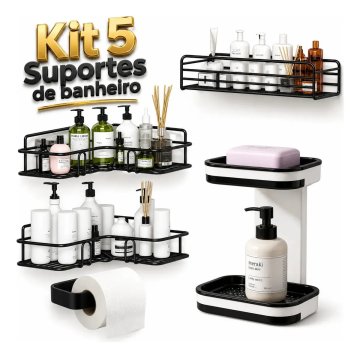 Kit 5 Suporte Porta Shampoo + Saboneteira Dupla Prateleira Banheiro Adesivo Parede Sem Furar Box Luxo Cor Preto