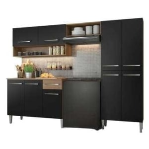 Armário de cozinha modulada completa compacta Emilly pop com armário e balcão cor rustic/preto GREM229002