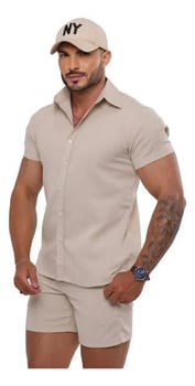 Conjunto Masculino Linho Camisa Shorts Mauricinho Com Bolso