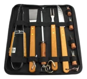 Kit Churrasco Faqueiro Cabo Longo Madeira Maleta Nylon 10pçs