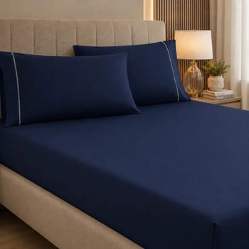 Jogo De Lençol Queen 3 Peças 400 Fios C/ Elástico Hotel Azul-marinho Liso