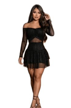 Vestido Curto Babado De Tule Brilhoso Manga Longa Festa