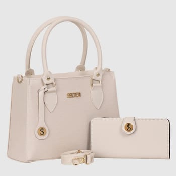 Kit Bolsa Media Feminina Transversal E De Mão Com Carteira Acambamento dos ferragens Ouro Cor Creme Desenho do tecido Lisa