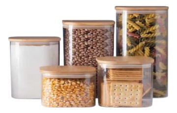 Kit 5 Potes Herméticos De Vidro Com Tampa De Bambu Para Armazenamento De Alimentos Transparente