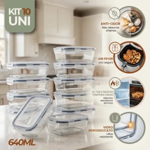 Kit com 10 Potes de Vidro Hermético 640ml