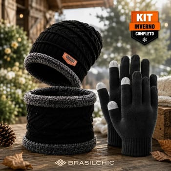 Kit Inverno Touca Gorro Forrado Gola Cachecol Térmica + Luva Touch Celular Unissex Frio Intenso Moto Viagem Caminhada Proteção Contra Vento Peluciado
