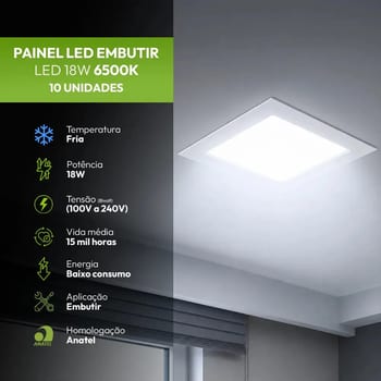 Kit 10 Painel Plafon Embutir Led 18w Quadrado 6500k Branco Frio - Easy