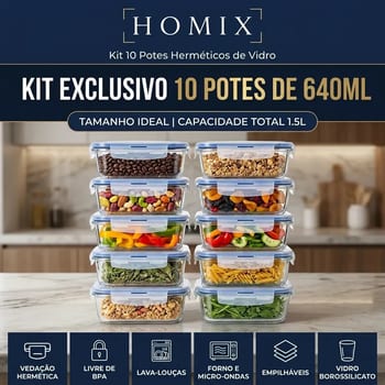 Conjunto 10 Potes 640ml Vidro Hermético 4 Travas Marmita Universo Mix