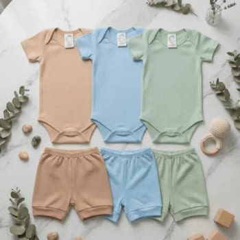 Kit 3 Conjuntos Bebê Algodão Body Manga Curta + Shorts Macio Kit 3 Menino M - R$ 43,97