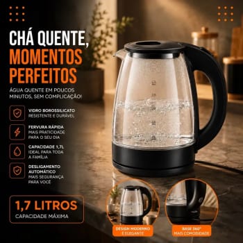 Chaleira Elétrica de Vidro Hold On 1.8 Litros, com Aquecimento Rápido e Desligamento Automático