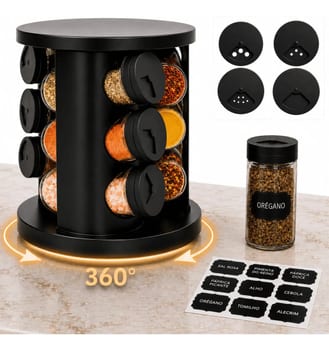 Porta Temperos Condimentos 9 Potes De Vidro Base Giratória 360° 9 Etiquetas Adesiva Organizador Cozinha Dosador Suporte Bancada Mesa Orégano Sal
