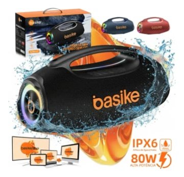 Basike Caixa de Som Portátil Com Bluetooth Boombox 80W 8000Mah 10hrs Sem fio IPX6 À Prova D'água Com Bateria Recarregavel Luz RGB Hifi TWS Bass Forte