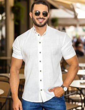 Camisa Masculina Branca Social Gola Padre Linho Premium Moda