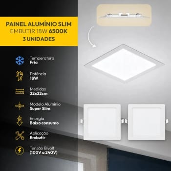 Kit 3 Painel Led Plafon Aluminio Embutir Quadrado 6500K Branco Frio 18w 22x22Cm