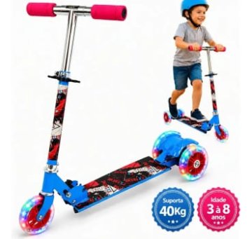 Patinete Infantil 3 Rodas Dobrável Com Rodas De Led, Guidão Ajustável, Freio Traseiro E Base De Alumínio Azul Tema Extreme Suporta 40Kg