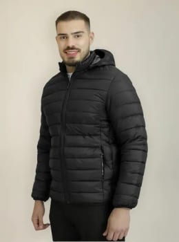 Jaqueta Masculina Casaco Nylon Puffer Preta Com Capuz Touca - R$ 209,99