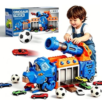 Caminhao Dinossauro 3 Em 1 Engole Carro E Lança Bola Futebol Azul
