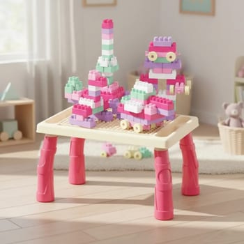 Mesa De Blocos Mesinha Atividades Infantil Didática 100peças Rosa