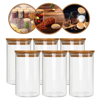 Kit Com 6 Potes De Vidro C/ Tampa De Bambu Hermético 300ml