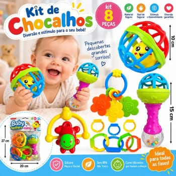 Kit Chocalho para Bebê ,para bebe recem nascido de 8 Peças Mordedor Brinquedo educativo Infantil Sensorial Colorido com slicone movimento diverso