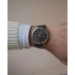 Relógio Masculino Chrowl Saint Germain Pulseira Couro Caixa Prateada Fundo Preto 42mm Clássico Frete Grátis