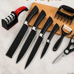Kit Jogo De Facas Inox Conjunto 9 Peças Cozinha Churrasco Tesoura Descascador Tabua Brinde Aquattro