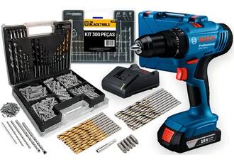 Parafusadeira E Furadeira De Impacto Bosch A Bateria 18v Maleta - Gsb 183-li Com Kit Brocas Buchas E Bits 300 Peças Azul 127/v 50hz/60hz