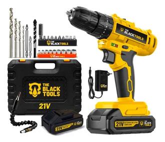 Parafusadeira Furadeira De Impacto A Bateria 21v 3/8 Bivolt 1400 Rpm Com Acessórios E Maleta Tb-21pzw The Black Tools Amarelo 127/v 60 Hz