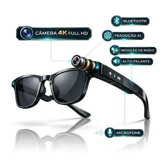 Óculos Inteligente de Sol Câmera 4K Full HD Popsy Kit 3x Lentes Bluetooth Wifi Gravação Vídeo Áudio Tradução IA