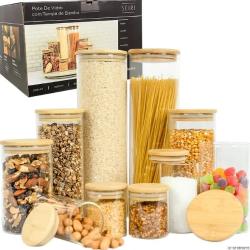 Kit 10 Potes Herméticos Vidro Tampa Bambu Seiri Para Mantimentos Cozinha