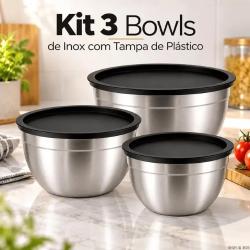 Kit 3 Bowls Inox Com Tampa Hermética 22cm 20cm 18cm Potes Aço Inox